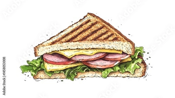 Fototapeta Hand-drawn illustration of a grilled cheese sandwich with ham and lettuce.