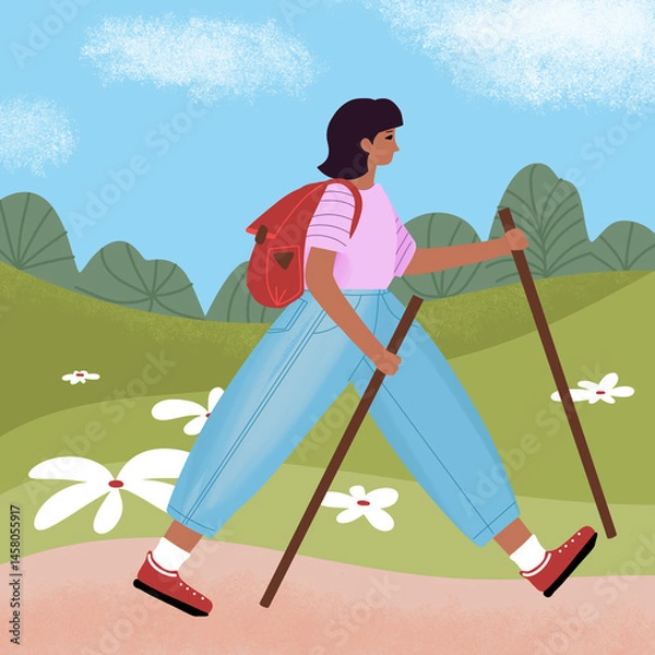 Obraz Tourist goin with walking sticks