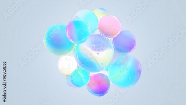 Fototapeta A dreamy 3D composition of iridescent pastel bubbles, blending luxury skincare, futuristic science, and fantasy art aesthetics—perfect for packaging, editorial design, or digital visual storytelling
