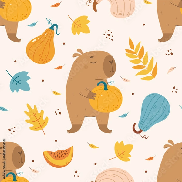 Obraz Autumn pattern with cute capybara holding pumpkin