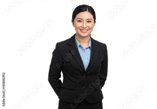 Fototapeta Portrait of a smiling asian woman in a black business suit against a white studio background looking forward