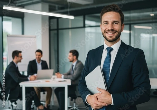 Fototapeta Smiling businessman holding laptop with colleagues in meeting at the office in the background