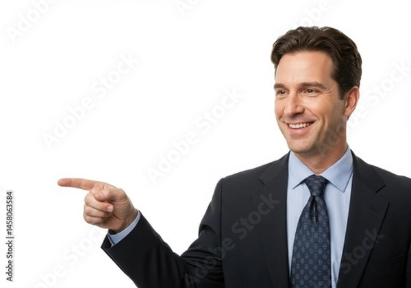 Fototapeta A smiling businessman in a suit pointing to the left against a white background in a studio shot