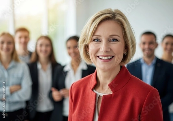 Fototapeta Smiling woman in red blazer with team of blurred colleagues standing in the background indoors