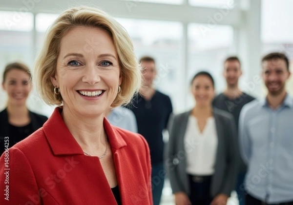 Fototapeta Smiling woman in red blazer with team blurred in background in bright office environment setting scene