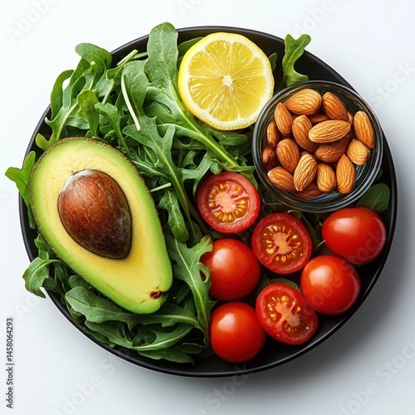 Fototapeta Top view of fresh plant-based ingredients including avocado, cherry tomatoes, almonds and lemon slices on a clean white background. Ideal for keto, vegan, and clean eating concepts.
