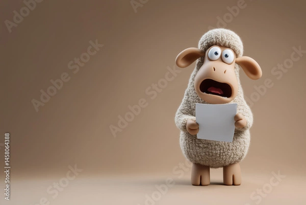 Fototapeta Surprised cartoon sheep holding paper on neutral background, expressive 3D character illustration