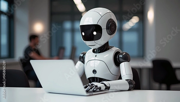 Fototapeta A artificial intelligence robot  use laptop at office