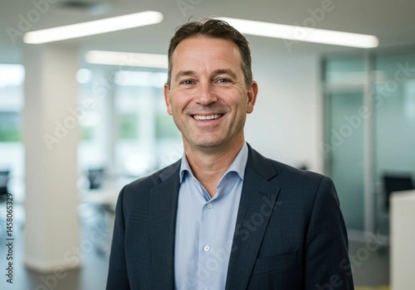 Fototapeta Portrait of a smiling man in a blue shirt and suit jacket in a modern office setting looking at camera