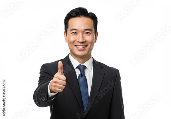 Fototapeta Asian businessman in suit giving thumbs up on a white background looking at the camera smiling