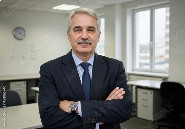 Fototapeta Portrait of a mature businessman with mustache in a suit standing with arms crossed in an office space