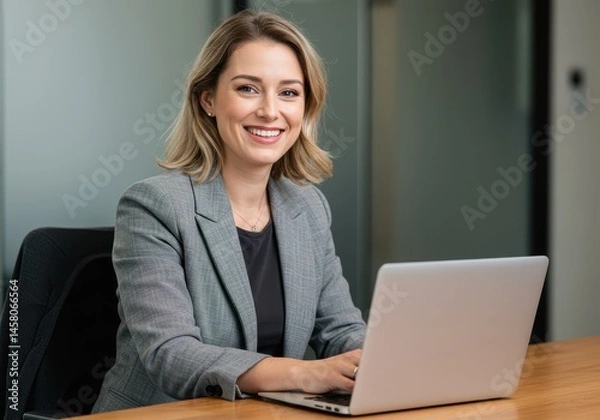 Fototapeta Smiling woman in blazer working on a laptop at a desk in an office environment with a neutral background