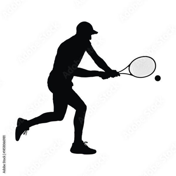 Obraz Man playing tennis vector black silhouette. Professional male tennis player hitting tennis ball with racket vector silhouette.