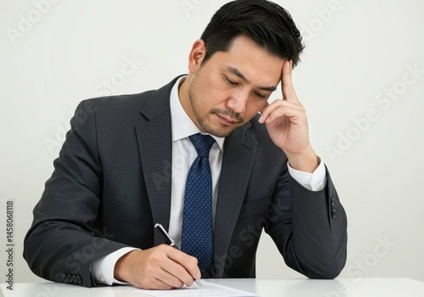 Fototapeta A man in a suit is sitting at a desk writing with his hand on his forehead looking thoughtful or stressed