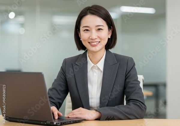 Fototapeta Portrait of a smiling asian businesswoman in a suit working on a laptop in a modern office space