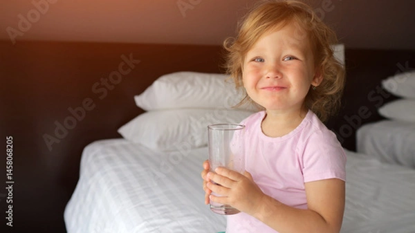 Fototapeta Little girl drinks water from clear glass perched on bed edge