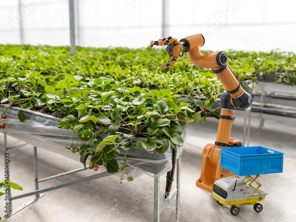 Fototapeta Robotic arm and robot assistant harvesting strawberry in indoor farm or glasshouse