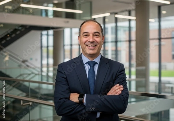Fototapeta Smiling man in suit with arms crossed stands in modern building with glass railing and staircase