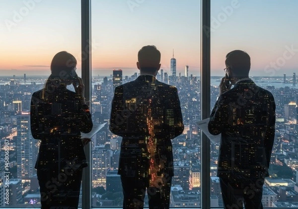 Fototapeta Business team looking at city skyline from high rise office during sunset with cityscape reflection