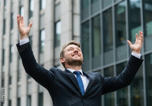 Obraz A man in a suit with arms raised in front of a building with a blue tie and a happy expression