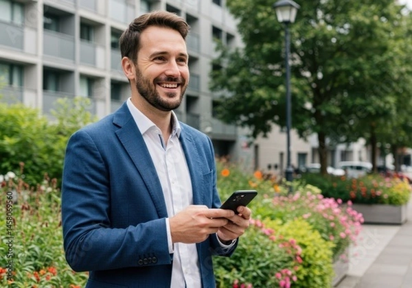 Fototapeta A smiling man in a blue jacket holding a phone outdoors with flowers and trees in the background