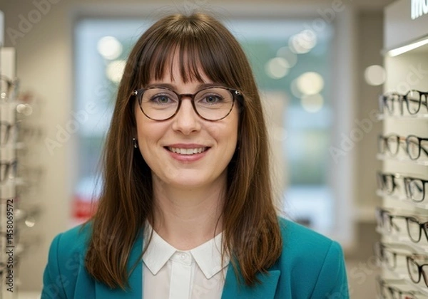 Fototapeta Portrait of a smiling woman with brown hair and bangs wearing glasses in an optical store setting