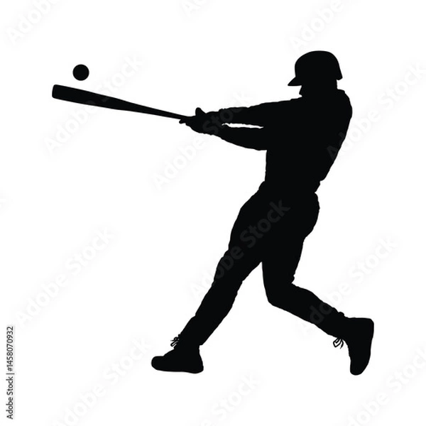 Obraz Man playing baseball black silhouette isolated on white background. Baseball batter swinging and hitting ball vector black silhouette.