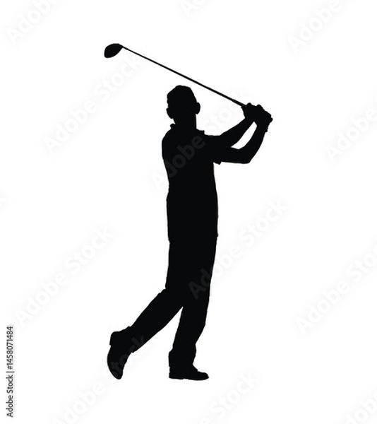 Fototapeta Man playing golf black silhouette. Professional golfer hitting ball in draw position at course black silhouette vector illustration.