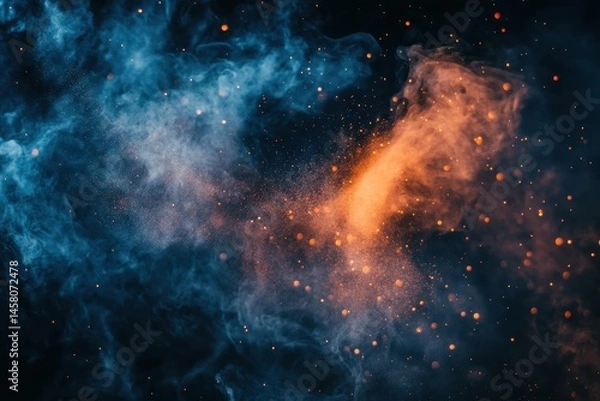 Fototapeta Dramatic display of flying dust particles against a dark background creates an abstract visual effect, Flying dust particles abstract black background