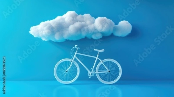 Obraz Clean design aesthetic: white bicycle with floating cloud on vibrant blue backdrop