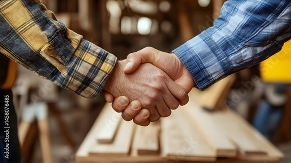 Fototapeta Two construction workers shake hands in a workshop showing teamwork and collaboration in a carpentry business.