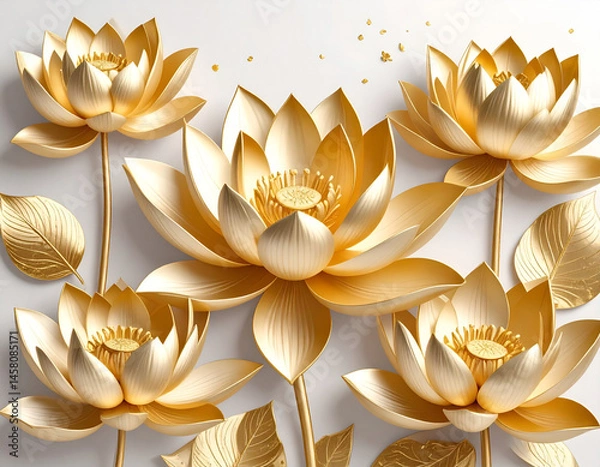 Fototapeta Golden lotus with Stucco Stems and Leaves An elegant 3D floral background