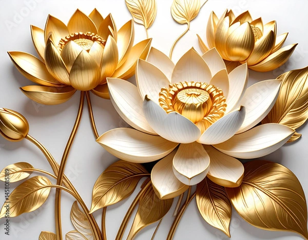 Fototapeta Golden lotus with Stucco Stems and Leaves An elegant 3D floral background