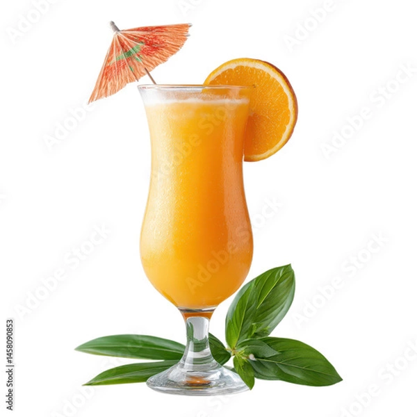 Fototapeta Refreshing summer vacation vibes with tropical orange juice cocktail garnished with slice and umbrella for cruise relaxation