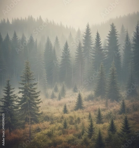 Fototapeta Retro-styled photo of a misty fir forest, vintage filter applied,  atmosphere,  calm,  pine
