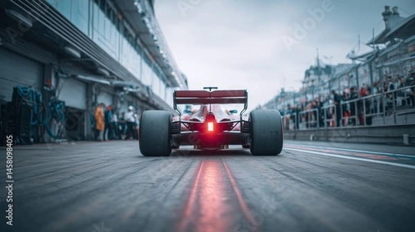 Obraz Formula 1 Race Car in Pit Lane with Glowing Tail Light and Crew Standing by in a Cloudy Motorsport Circuit During Grand Prix Event