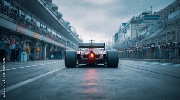 Obraz Formula 1 Car in Pit Lane Surrounded by Crew and Spectators on a Cloudy Race Day with Glowing Rear Light and High-Performance Design