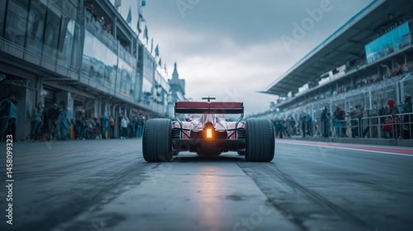 Obraz Formula 1 Car on Pit Lane Surrounded by Crowd and Team Members Under Cloudy Sky with Rear Light and High-Speed Racing Atmosphere