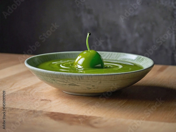 Fototapeta A minimalist green plum sauce in a dipping bowl