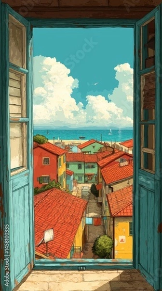 Fototapeta A sunlit view through a blue window reveals colorful houses with red roofs and a distant sea under a vibrant sky.