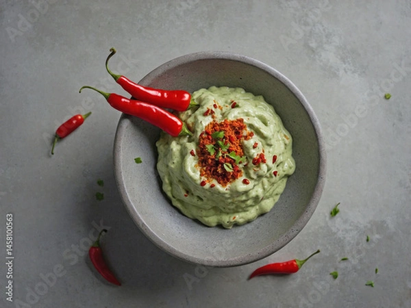 Fototapeta A bowl filled with spicy mashed green plum dip, chili flakes dusted on top.