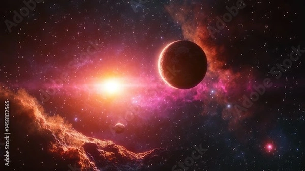 Fototapeta Outer space scene with colorful nebula clouds and small, lit planet in galactic void