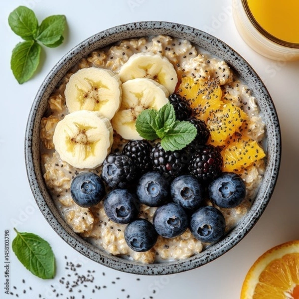 Fototapeta Healthy Oatmeal Bowl with Fresh Fruits and Chia Seeds on White Background - Top View Clean Eating Breakfast Concept