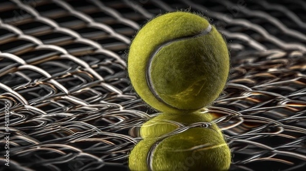 Fototapeta A tennis ball near the net, showing unusual and distorted reflections from a dynamic angle.