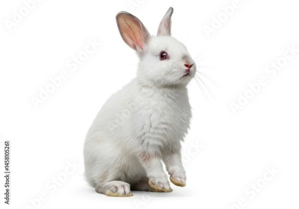 Obraz White rabbit sitting upright on a white background with its ears up