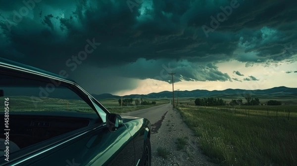 Fototapeta Dark storm clouds gather over a rural road during twilight as a car awaits along the way to scenic mountains