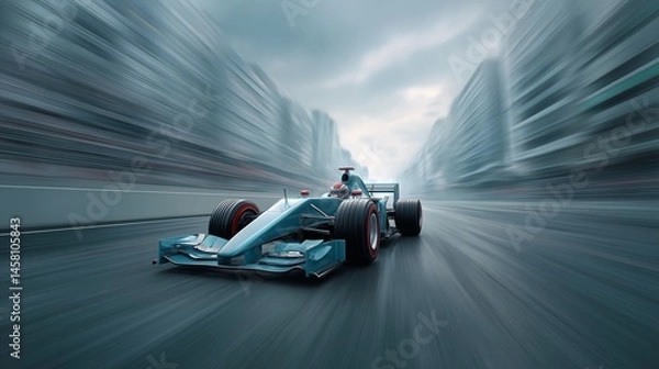 Obraz Formula 1 Car Racing Through Urban Street Circuit at High Speed with Motion Blur and Aerodynamic Design Under Dramatic Cloudy Sky