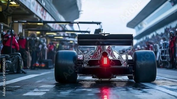 Obraz Formula 1 Car Racing Through Urban Street Circuit at High Speed with Motion Blur and Aerodynamic Design Under Dramatic Cloudy Sky