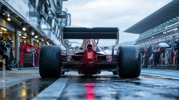 Fototapeta Formula 1 Car in Pit Lane with Rain Reflections and Team Crew on Race Day, Capturing Wet Asphalt, Rear View, and Competitive Atmosphere
