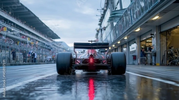 Fototapeta Formula 1 Car on Wet Pit Lane with Rain Reflections and Rear Red Light, Surrounded by Grandstands and Team Garages on Race Day